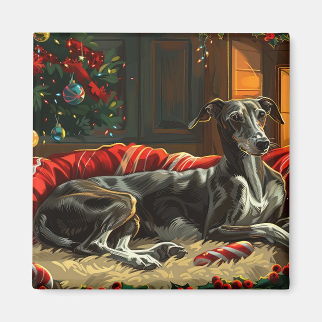 Greyhound Dog Christmas Festive Magnet (Front)