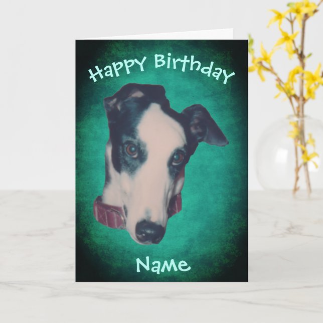 Greyhound Dog Face Personalised Birthday  Card (Yellow Flower)