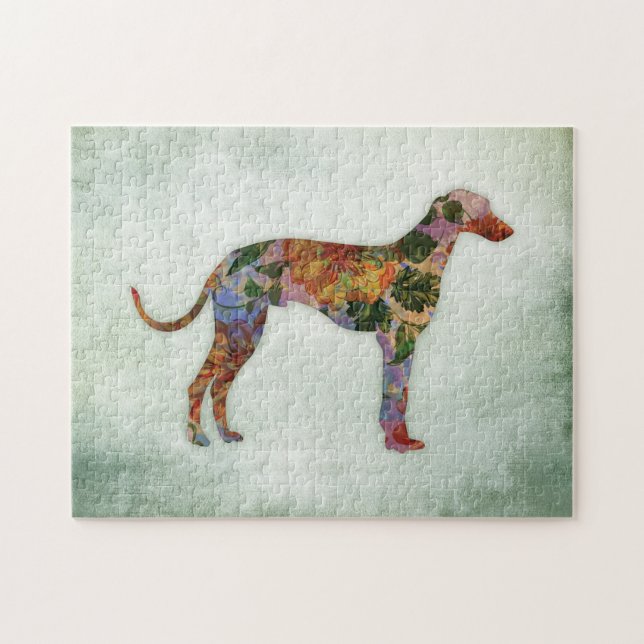 Greyhound Dog Floral On Green Jigsaw Puzzle (Horizontal)