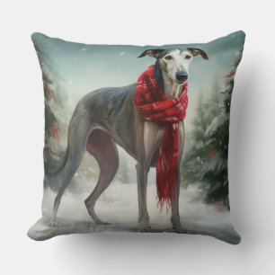 Greyhound Dog in Snow Christmas Cushion