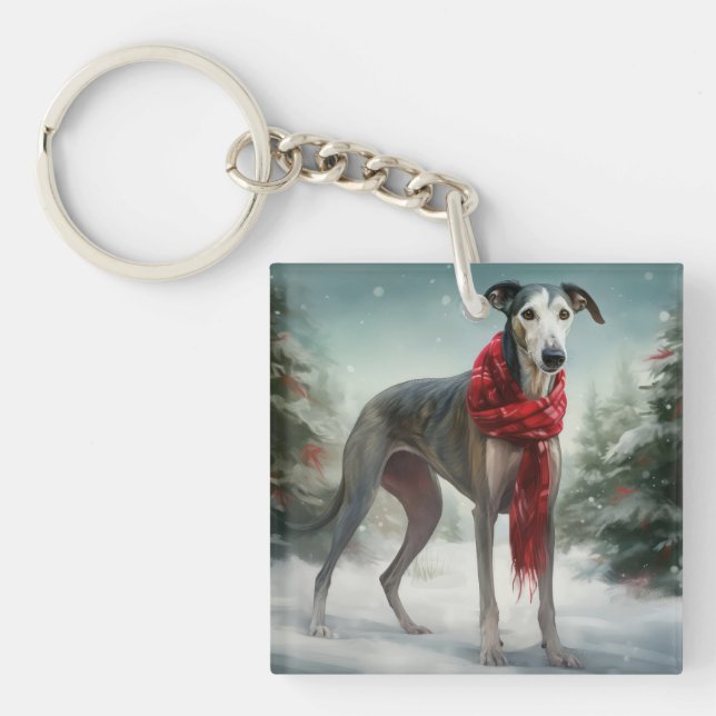 Greyhound Dog in Snow Christmas  Key Ring (Front)