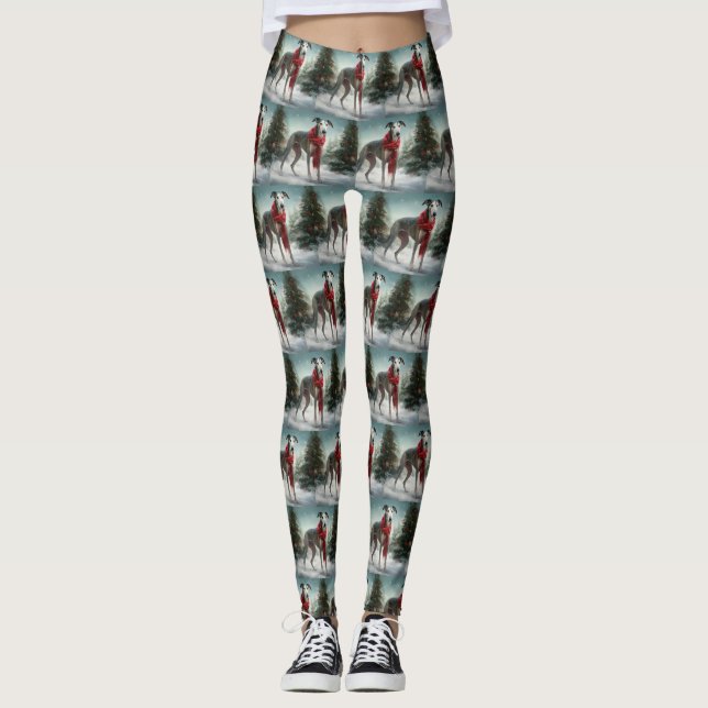 Greyhound Dog in Snow Christmas  Leggings (Front)