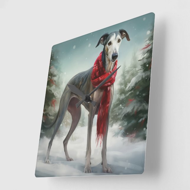 Greyhound Dog in Snow Christmas  Square Wall Clock (Angle)