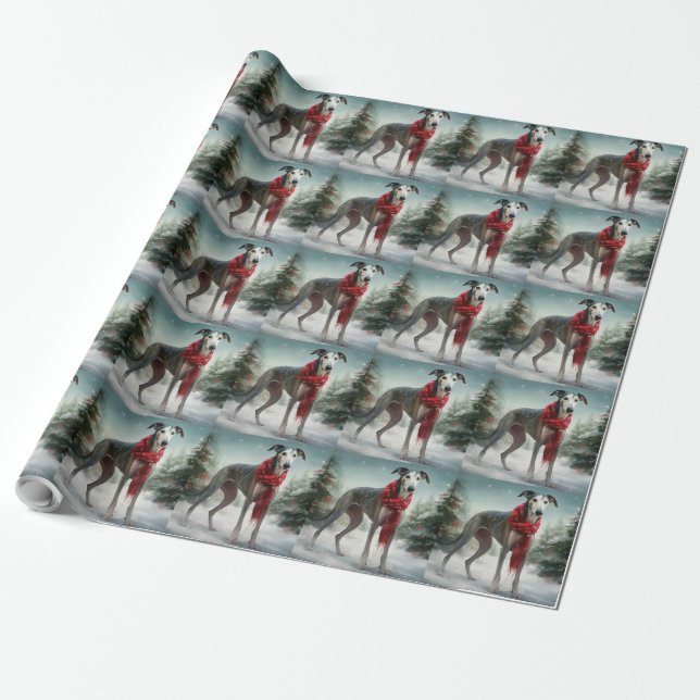 Greyhound Dog in Snow Christmas  Wrapping Paper (Unrolled)