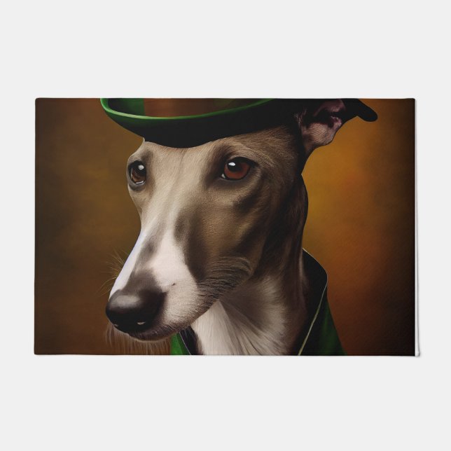 Greyhound Dog in St. Patrick's Day Dress Doormat (Front)