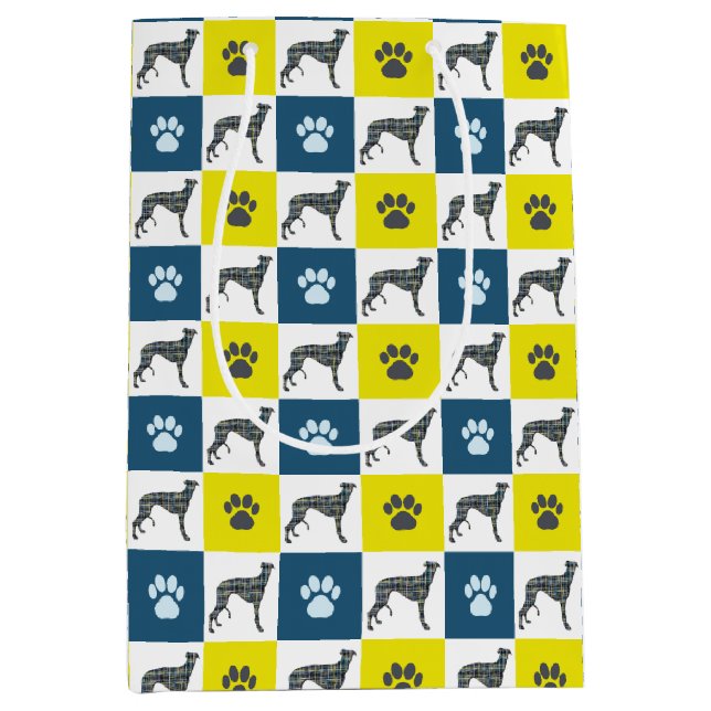 Greyhound Dog & Paw Yellow & Blue Grid Medium Gift Bag (Front)