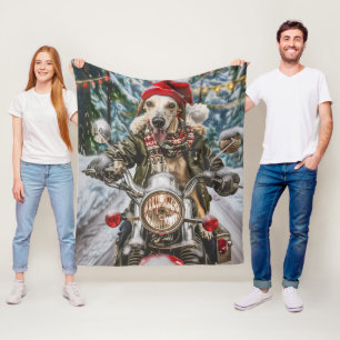 Greyhound Dog Riding Motorcycle Christmas  Fleece Blanket