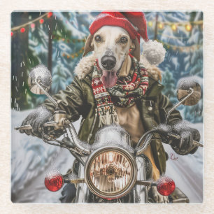 Greyhound Dog Riding Motorcycle Christmas Glass Coaster