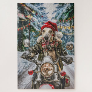 Greyhound Dog Riding Motorcycle Christmas Jigsaw Puzzle