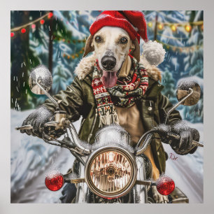 Greyhound Dog Riding Motorcycle Christmas  Poster