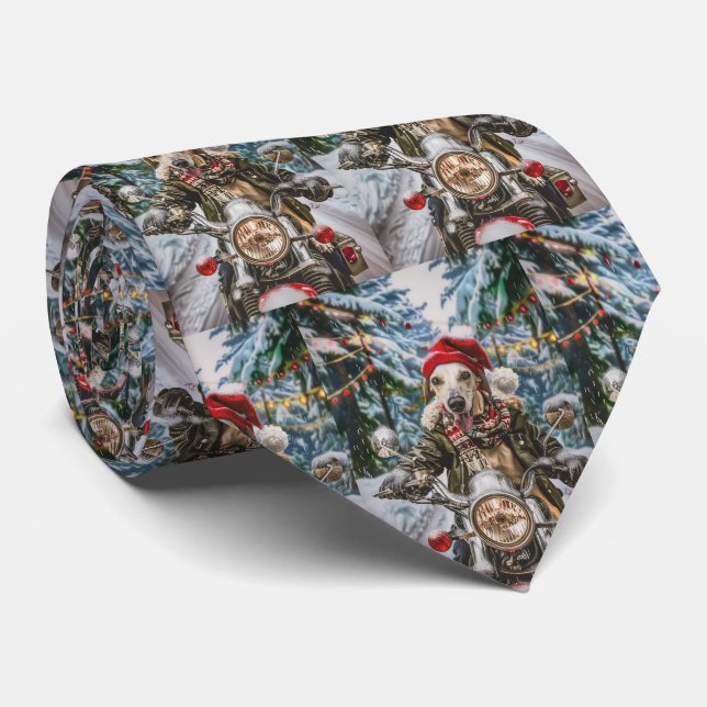 Greyhound Dog Riding Motorcycle Christmas  Tie (Rolled)
