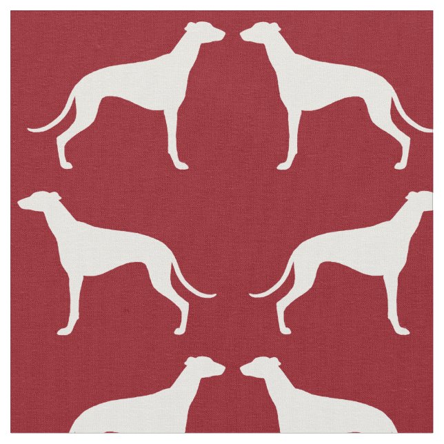 Greyhound Dog Silhouettes Pattern Red and White Fabric (Close Up)