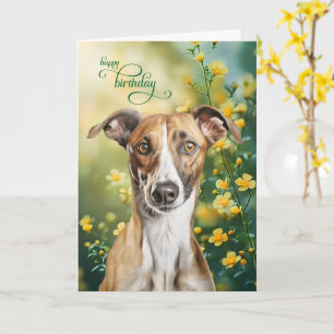 Greyhound Dog Tiny Yellow Flowers Birthday Card