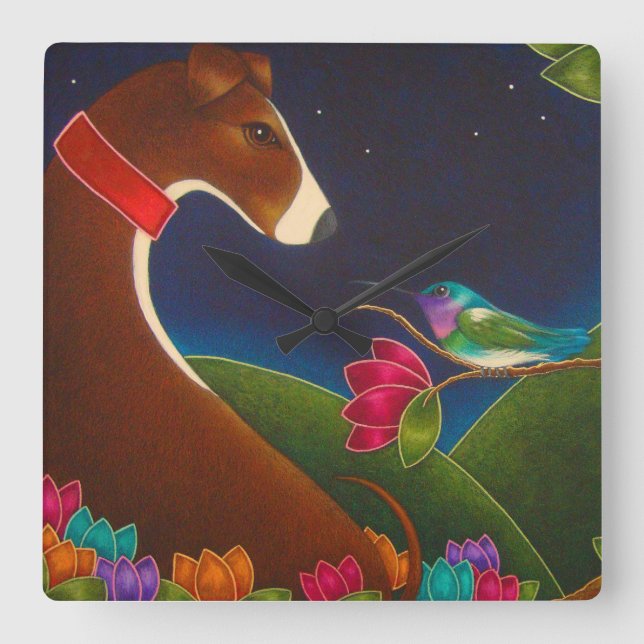GREYHOUND DOG WITH HUMMINGBIRD WALL CLOCK (Front)