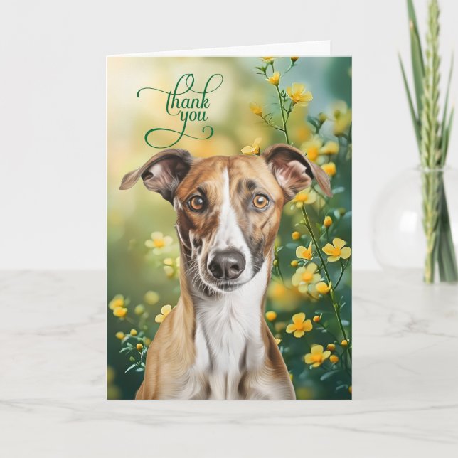 Greyhound Dog with Tiny Yellow Flowers Thank You Card (Front)