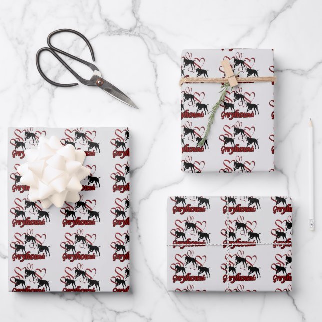 Greyhound Dogs And Red Hearts   Wrapping Paper Sheet (Front)