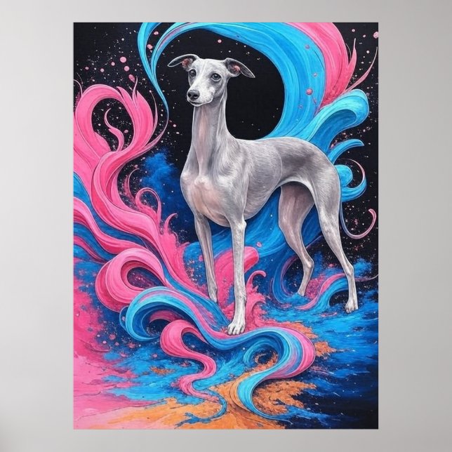  Greyhound Drawing w Water Splash Colour Backgroun Poster (Front)