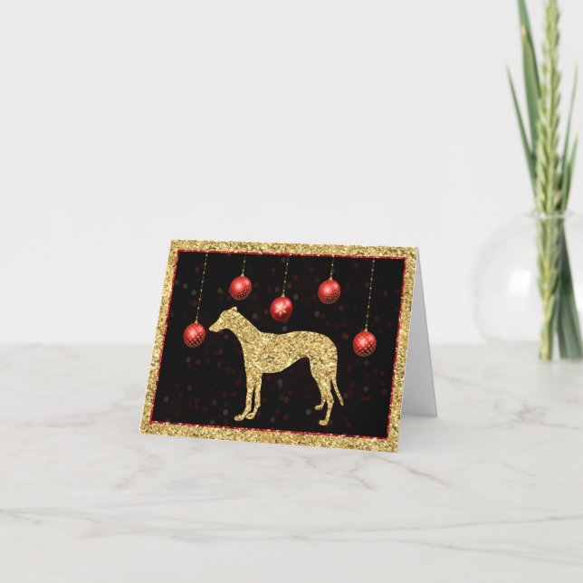 Greyhound Gold Glitter Bauble Christmas Card (Front)