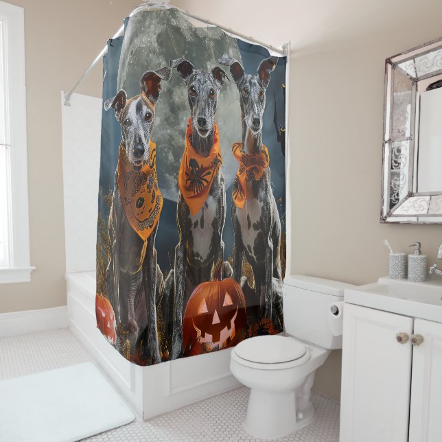 Greyhound Halloween Spooky Shower Curtain (In Situ)
