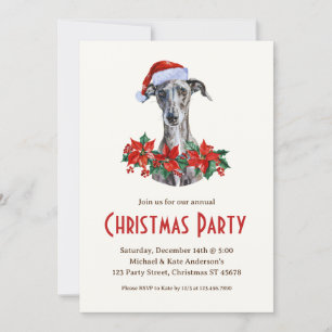 Greyhound in a Santa Hat Grey Dog Christmas Party Invitation