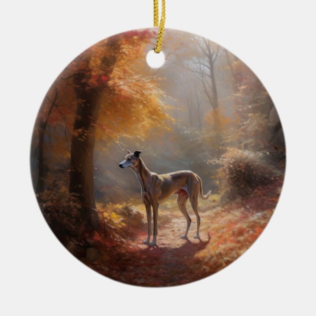 Greyhound in Autumn Leaves Fall Inspire Ceramic Ornament (Front)