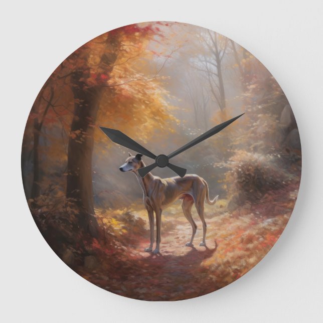 Greyhound in Autumn Leaves Fall Inspire Large Clock (Front)