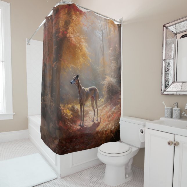 Greyhound in Autumn Leaves Fall Inspire Shower Curtain (In Situ)
