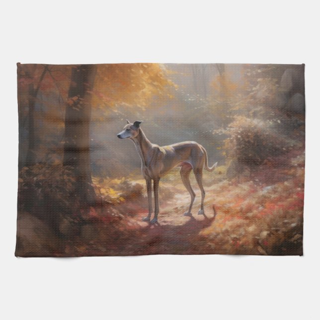 Greyhound in Autumn Leaves Fall Inspire Tea Towel (Horizontal)