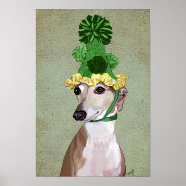Greyhound in Green Knitted Hat Poster (Front)