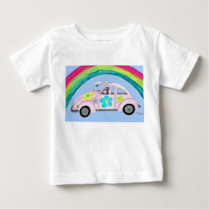 Greyhound in Hippie car with rainbow T-Shirt