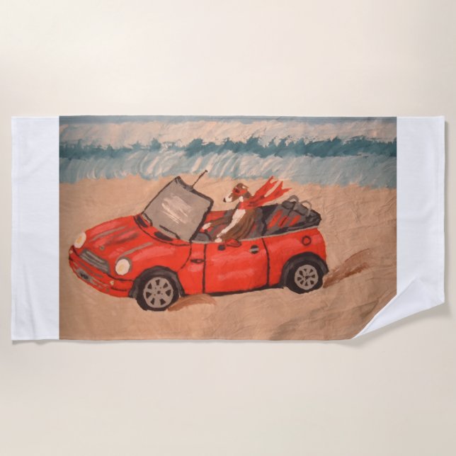 Greyhound in red car at the Beach Towel (Front)
