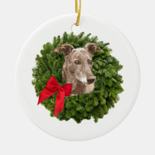 Greyhound in Xmas Wreath Ceramic Ornament