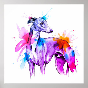 Greyhound Line Art with Watercolor Splashes Poster