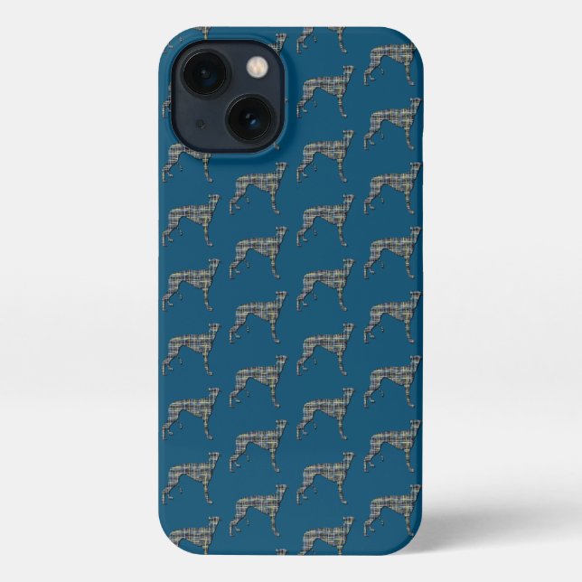 Greyhound Lurcher Cute Dog Silhouette Grid Blue iPhone Case (Back)