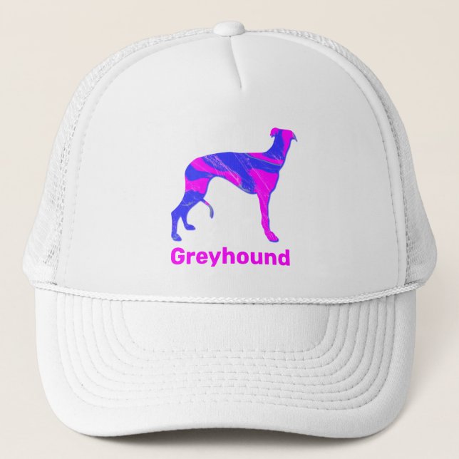 Greyhound / Lurcher Dog Silhouette Hot Pink & Blue Trucker Hat (Front)