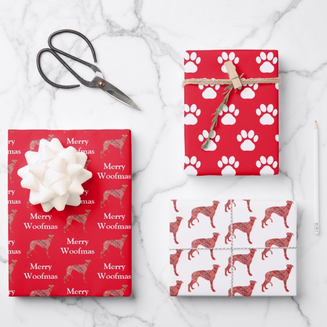 Greyhound Lurcher Dog Silhouette Red Merry Woofmas Wrapping Paper Sheet (Front)