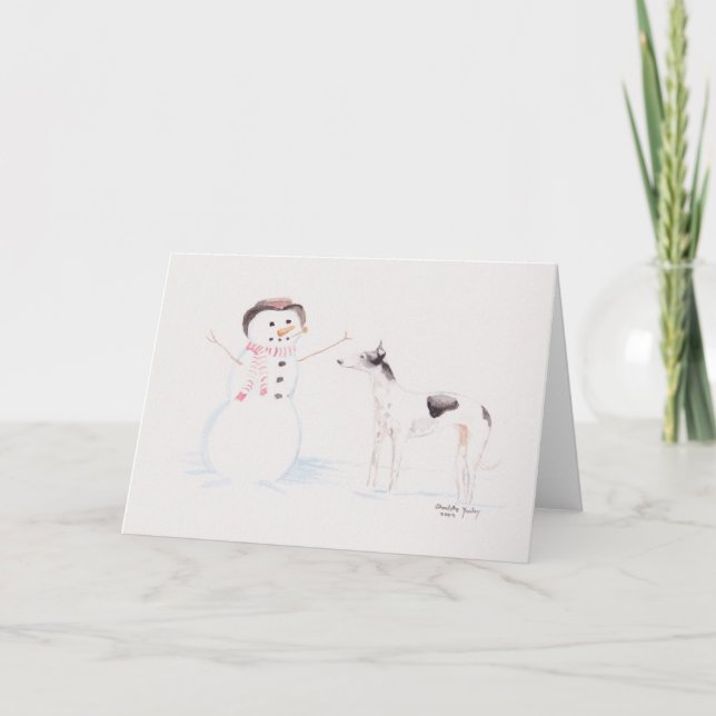 Greyhound Meets Snowman Dog Art Greeting Card (Front)