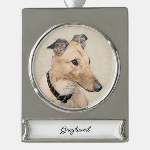 Greyhound Painting - Cute Original Dog Art Silver Plated Banner Ornament