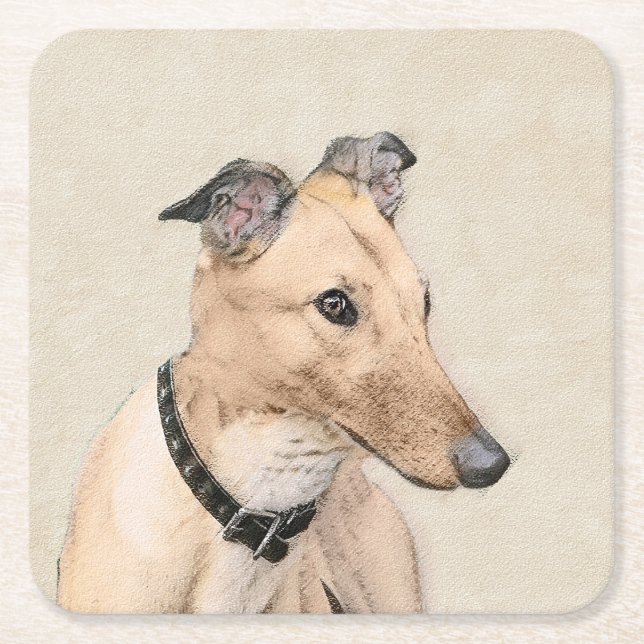 Greyhound Painting - Cute Original Dog Art Square Paper Coaster (Front)