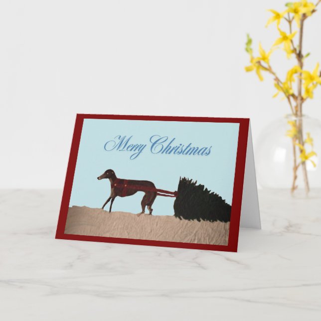 Greyhound pulling a Christmas Tree through Snow Card (Yellow Flower)