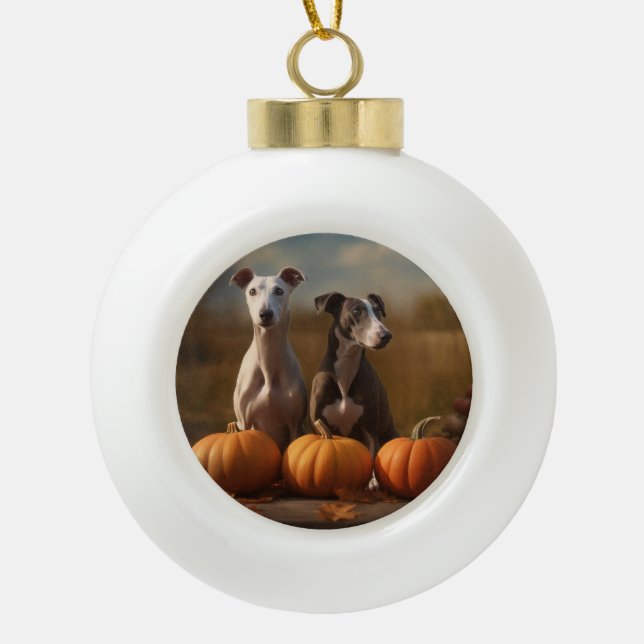 Greyhound Puppy Autumn Delight Pumpkin Ceramic Ball Christmas Ornament (Front)