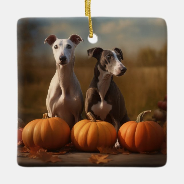 Greyhound Puppy Autumn Delight Pumpkin Ceramic Ornament (Front)