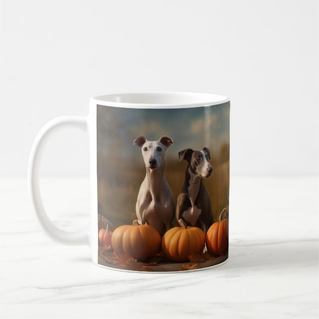 Greyhound Puppy Autumn Delight Pumpkin Coffee Mug (Left)