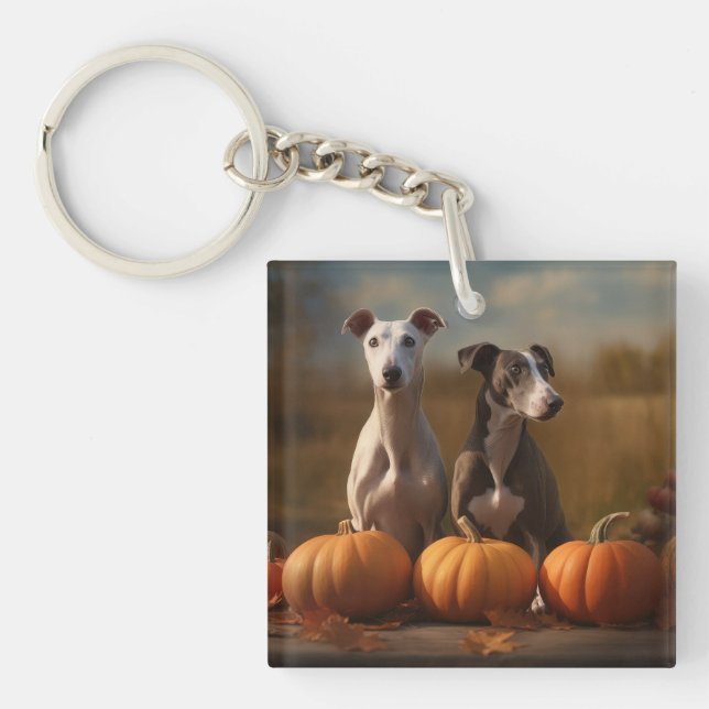 Greyhound Puppy Autumn Delight Pumpkin Key Ring (Front)