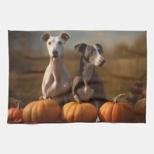 Greyhound Puppy Autumn Delight Pumpkin Tea Towel