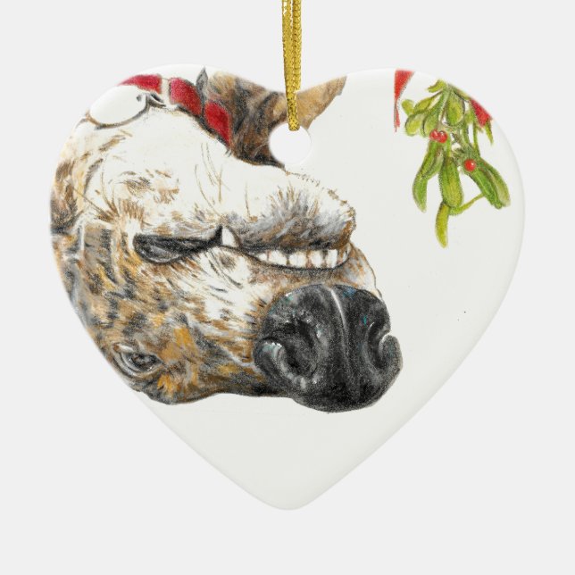 Greyhound roaching under the mistletoe ceramic tree decoration (Front)