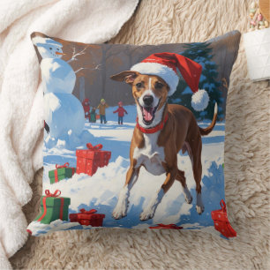 Greyhound Running in Snow with Christmas Hat Cushion