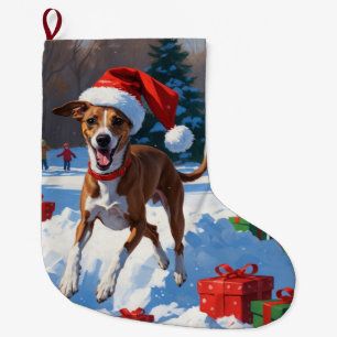 Greyhound Running in Snow with Christmas Hat Large Christmas Stocking