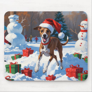 Greyhound Running in Snow with Christmas Hat Mouse Pad