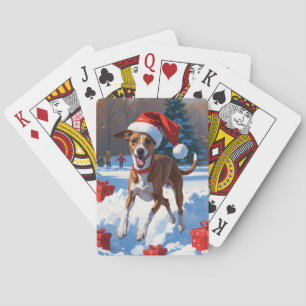 Greyhound Running in Snow with Christmas Hat Playing Cards